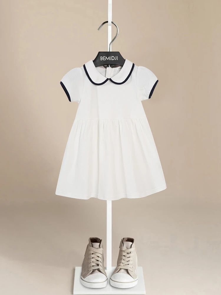 

Children Girls' Cotton Dress 2023 Summer New Short Sleeves British Style Baby Girls Peter Pan Collar Princess Dresses