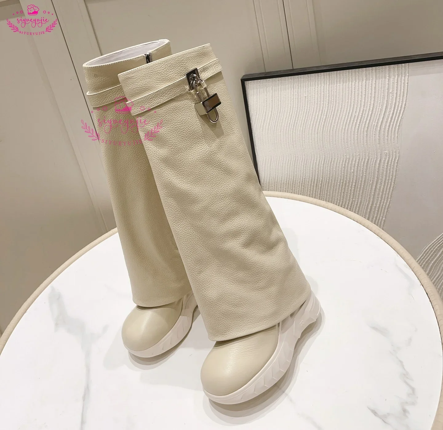 

Metal Lock Women Shark Boots Side Zipper Wedges Trouser Boots Large Size Belt Buckle Cowboy/leather Fashion Motorcycle Boots