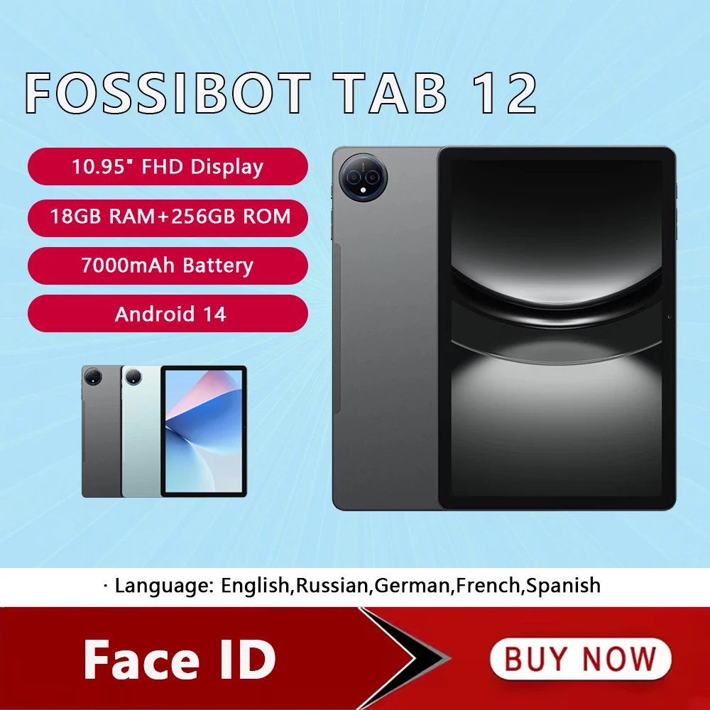 Fossibot Tab 12 Tablet 7000mAh Battery Face ID 18GB RAM+256GB ROM Smart Pad Octa-core 1.6GHz 10.95 Inch FHD 4G PAD Android 14