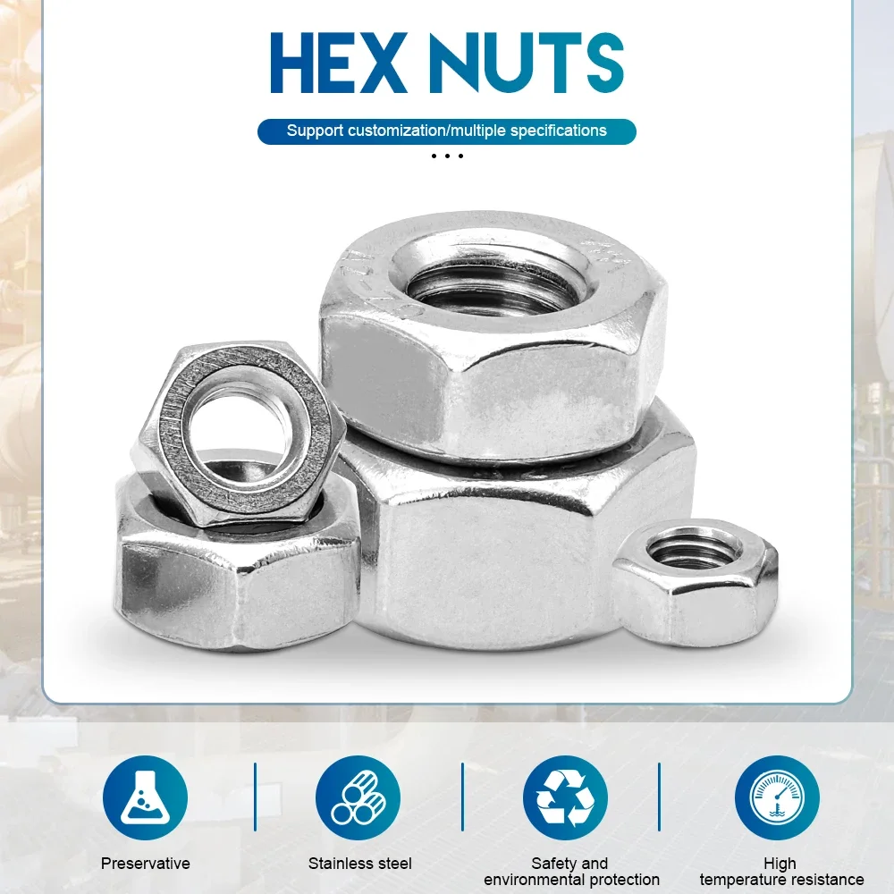 Hexagon Hex Nuts Metric DIN934 M2 M2.5 M3 M4 M5 M6 M8 M10 M12 M14 M16 M18 M20 M22 M24 Carbon Steel Stainless Steel Hex Nuts