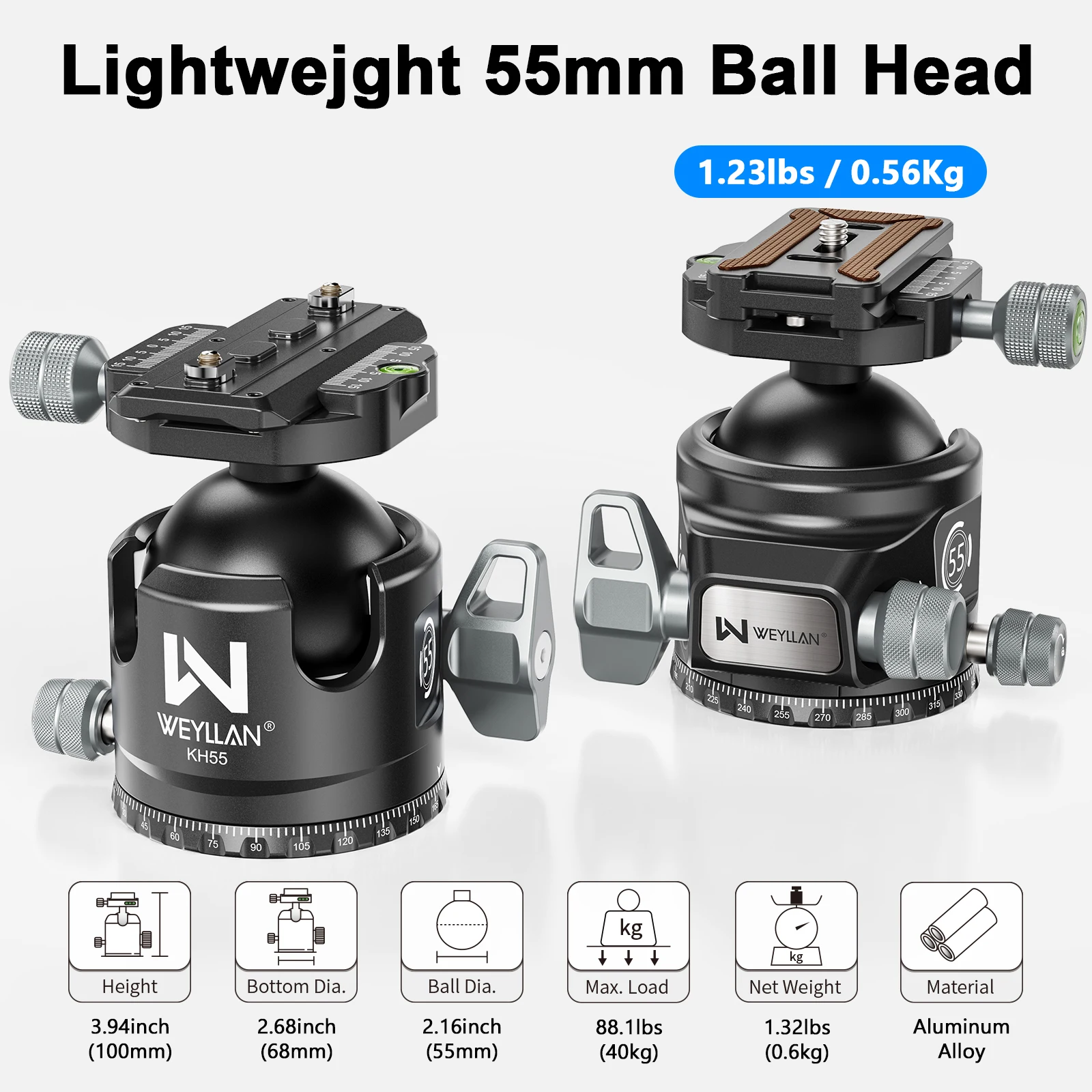 KH55 55mm Low Profile Ball Head Closed-Body Heavy Duty Tripod Head With Mlok Arc
