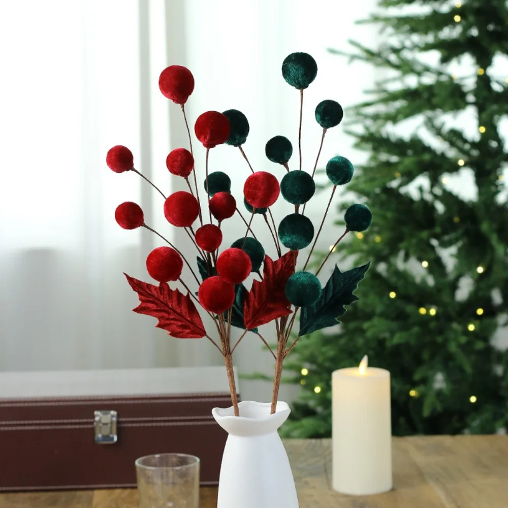 Neue Samt-Weihnachtskugel-Zweige zum Selbermachen, mehrfarbige Weihnachtsdekoration, Partyzubehör, handgefertigte Weihnachts-Tischdekoration