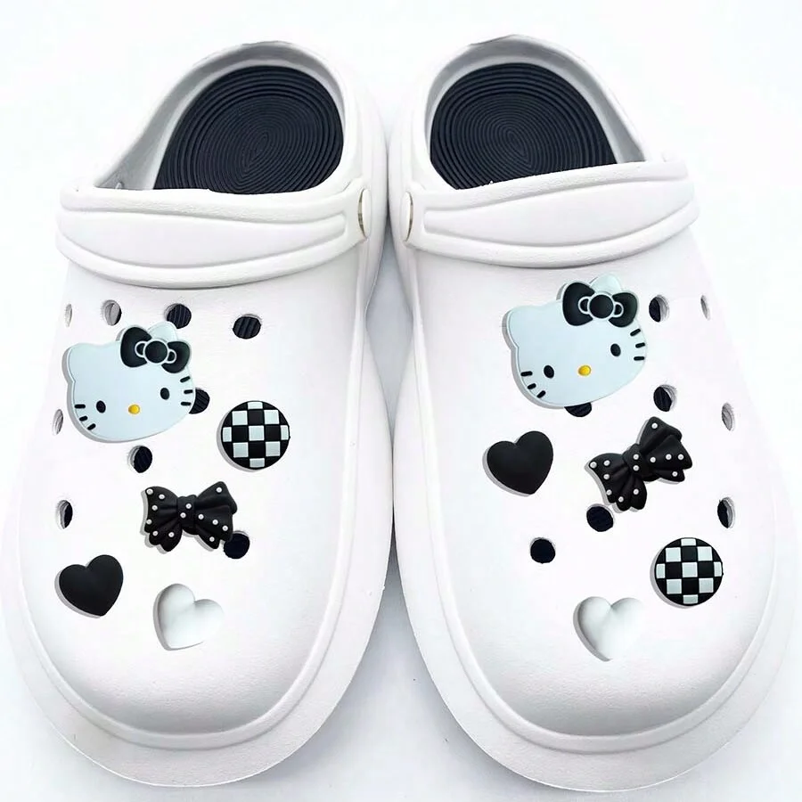 18pcs Black & White Kitty Shoe Charms Set for Clogs Bag Bubble Slides Sandals PVC Shoe Decorations Beach Bag Accessories