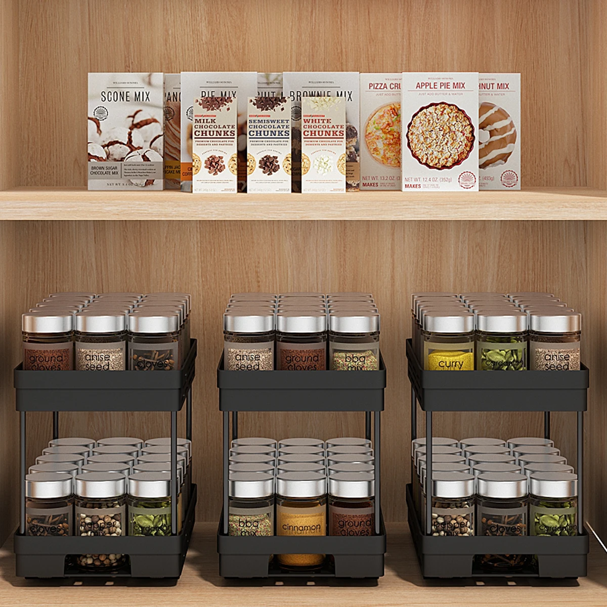WORTHBUY 2 Tier Pull Out Plastic Storage Rack Large Capacity Kitchen Cabinet Storage Organizer Drawer Spice Jar Storage Shelves 3