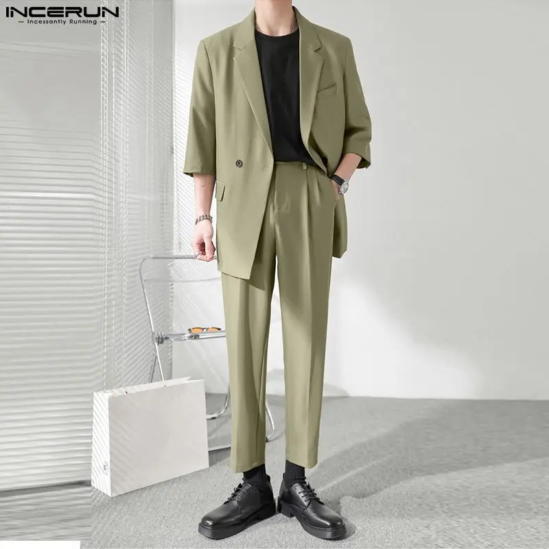 INCERUN 2023 Korean Style New Men's Short Sleeve Suits Long Pants Sets Fashion Casual Male Solid All-match Two Piece Sets S-5XL incerun 2023 american style fashion men sets bright glossy short tank tops wide leg pants casual solid male two piece set s 5xl