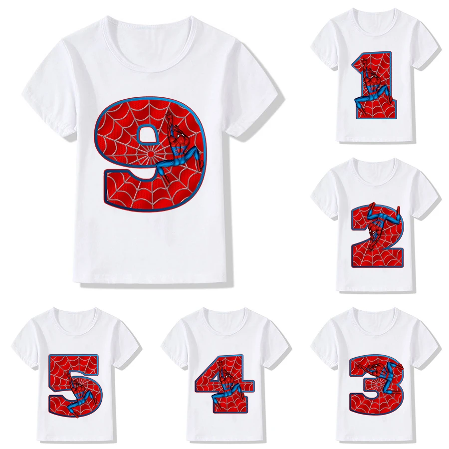 

Spiderman Children's T-Shirt Birthday Number 1-9 Tee Shirts Marvels Cartoons Kawaii Kid Casual Clothes Super Hero Girl Boy Tops