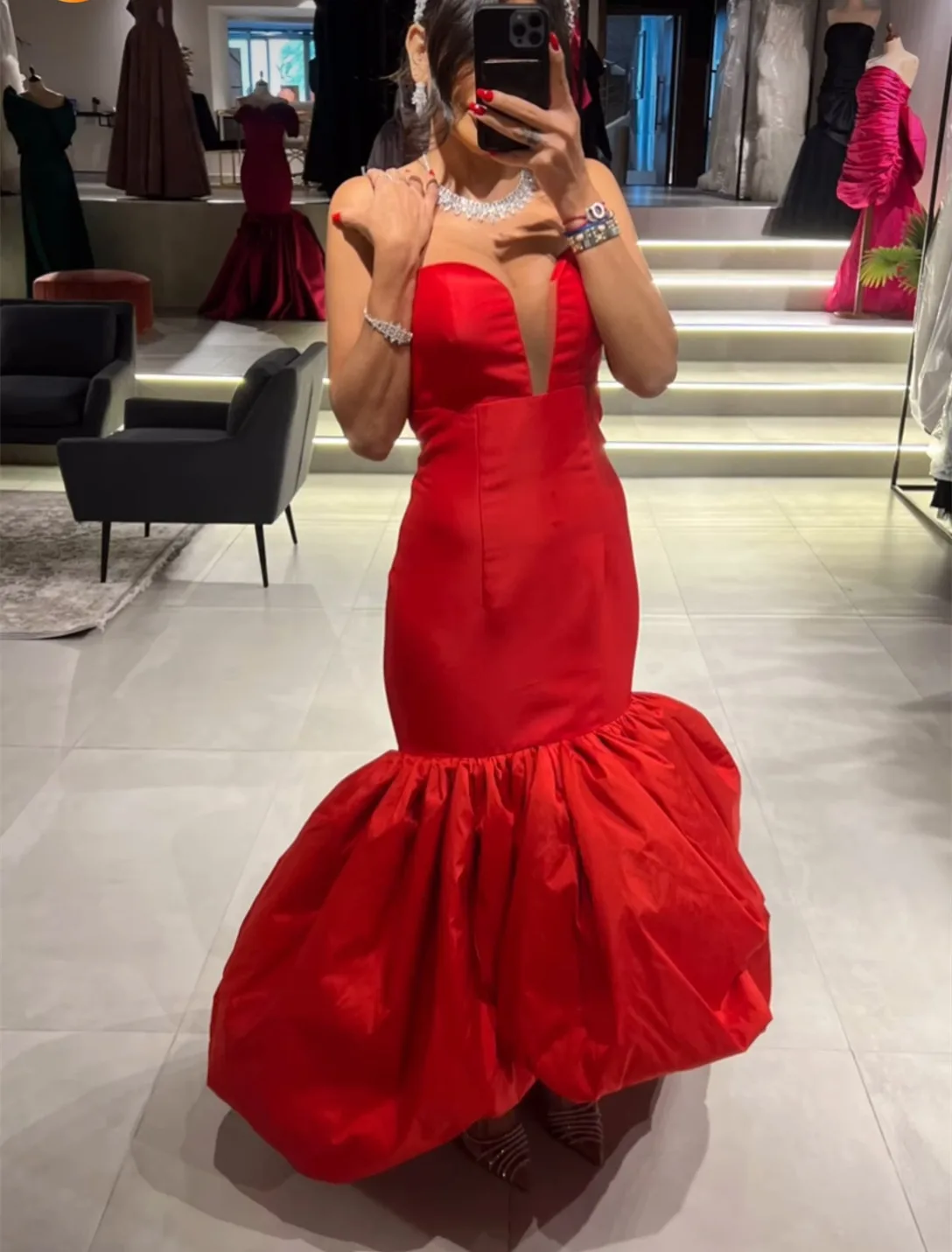 Elegant Long Red Taffeta   Evening Dresses Mermaid Sleeveless  Prom Dress with Ruffles for Women - AliExpress 320