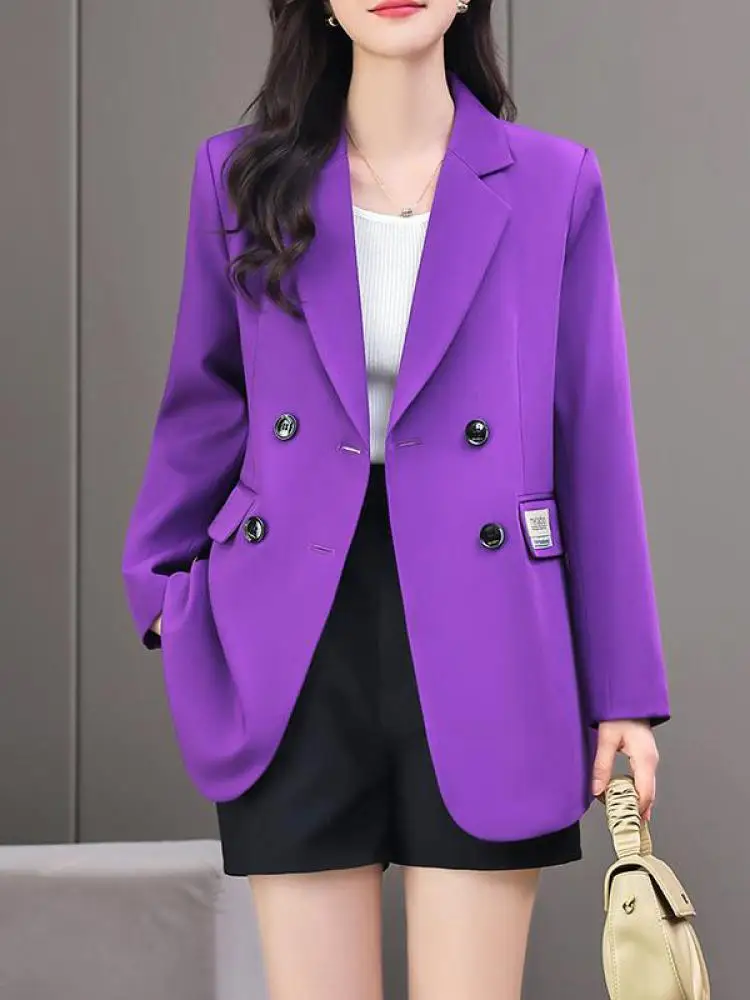 Women Purple Double-Breast Sleeveless Longline Blazer