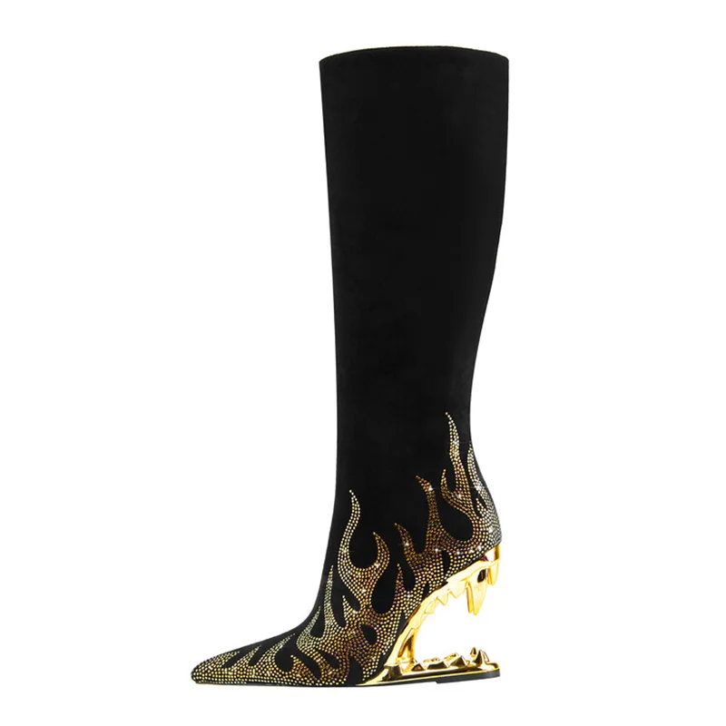 

Stylish Shaped Heel Women's High Boots Autumn Winter Hand-made Rhinestone Long Boots Women Banquet High Heels Large Size Shoes