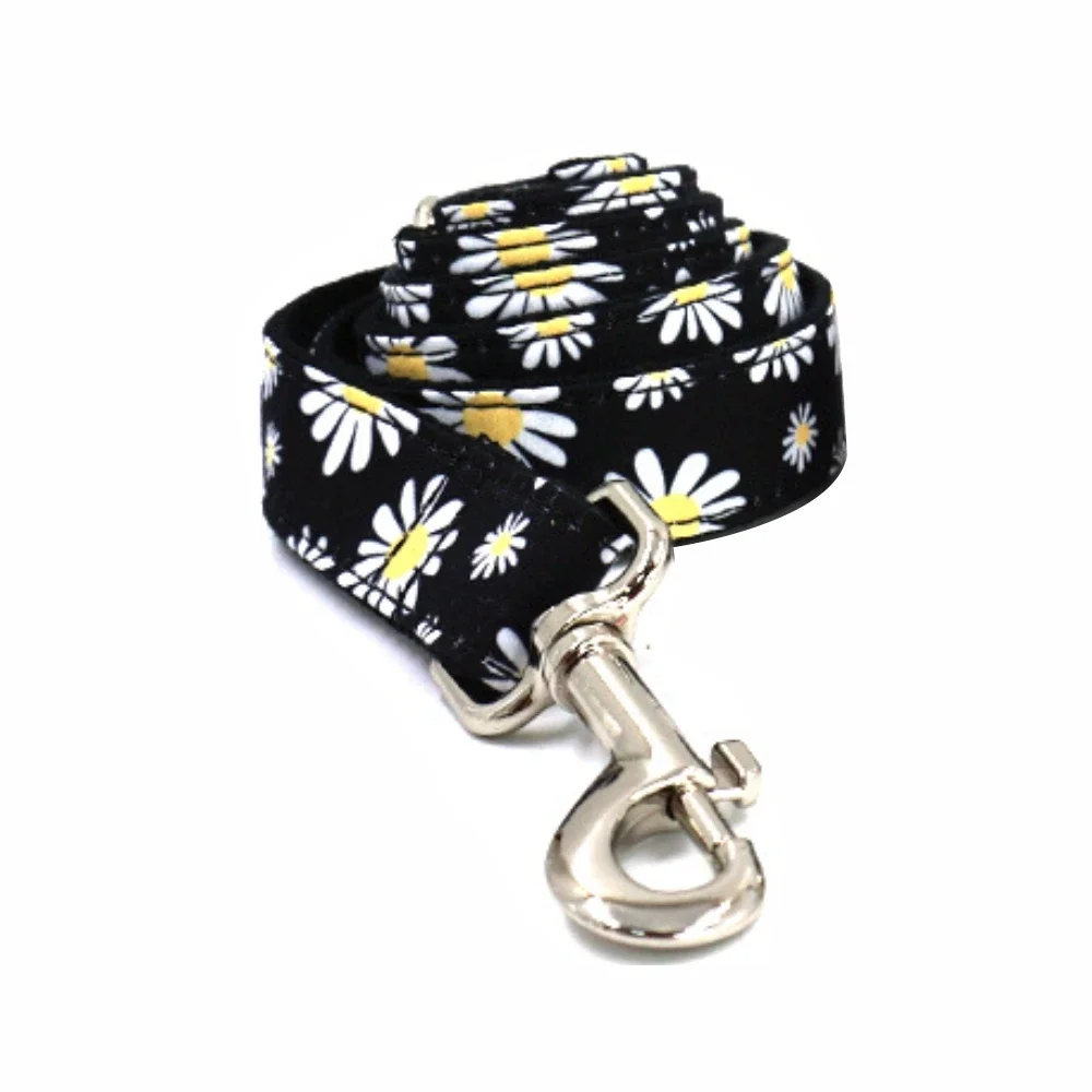 Personalized Pet Collar Puppy Nameplate ID Tag Adjustable Buckle Strong Black Daisy Flower Basic Collars Lead Leash