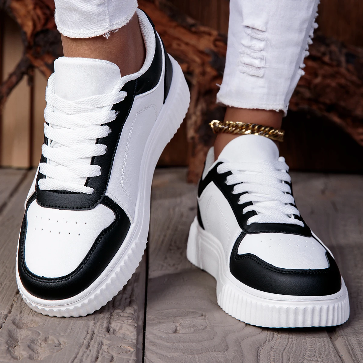ZERJER Unisex Sneakers, New Arrival Large Size Classic Retro Men's Sports Skate Shoes, White Thick-Soled Tennis Shoes, Solid Col 1
