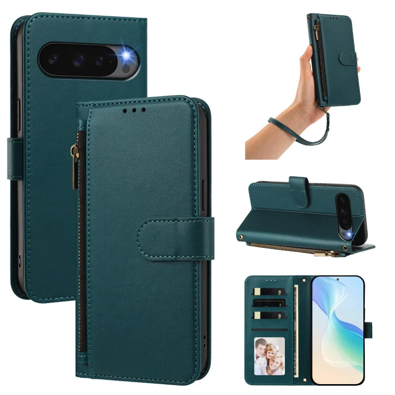 Elegant Leather Wallet Phone Case with Wrist Strap and Zipper Card Holder
