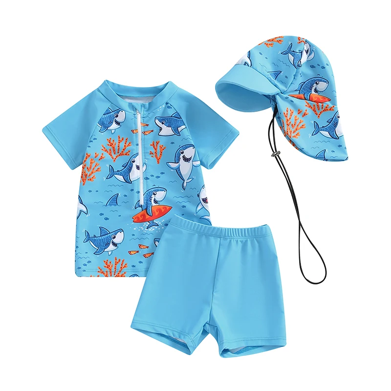 【Unbeatable SKU活动价s】 Toddler Baby Boys 3Pcs Swimsuits Rash Guard Beachwear Shark Print Long Sleeve Zip Up Tops+Swim Trunks with Cap Bathing Suit.
