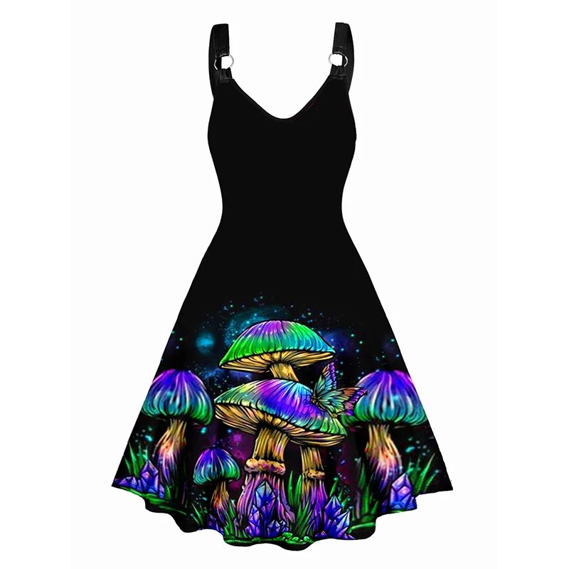 

Women's Sexy Dresses Galaxy Colorful Mushroom Print V Neck Dress O Ring Straps Sleeveless A Line Tank Dress 2024 New