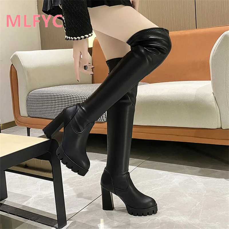2023 Autumn/Winter New Over Knee Boots Women's Fashion High Heel Back Zipper Black Warm Round Head Boots Knee High Boots