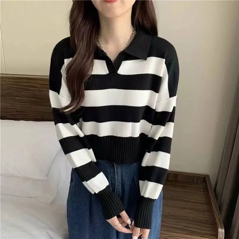 

Women Knitted Striped Sweaters Autumn Female Polo Collar Pullovers Basic Oversize Sweater Ladies Soft Warm Jumpers G34