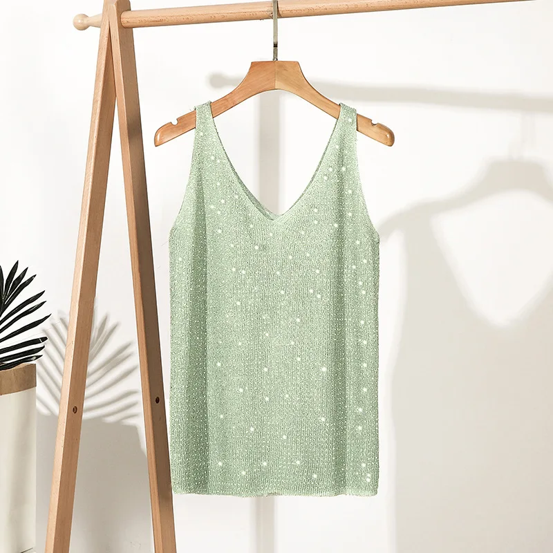 

Rhinestone-Encrusted Fashion Inner Match Knitted Vest Loose V-neck Summer Camisole for Women