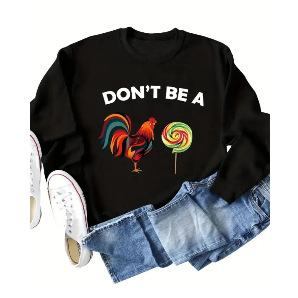 Casual Pullover Cock Lollipop Letter Print Sweatshirt Long Sleeve Crew Neck Sweatshirts Women's Clothing For Fall & Winter