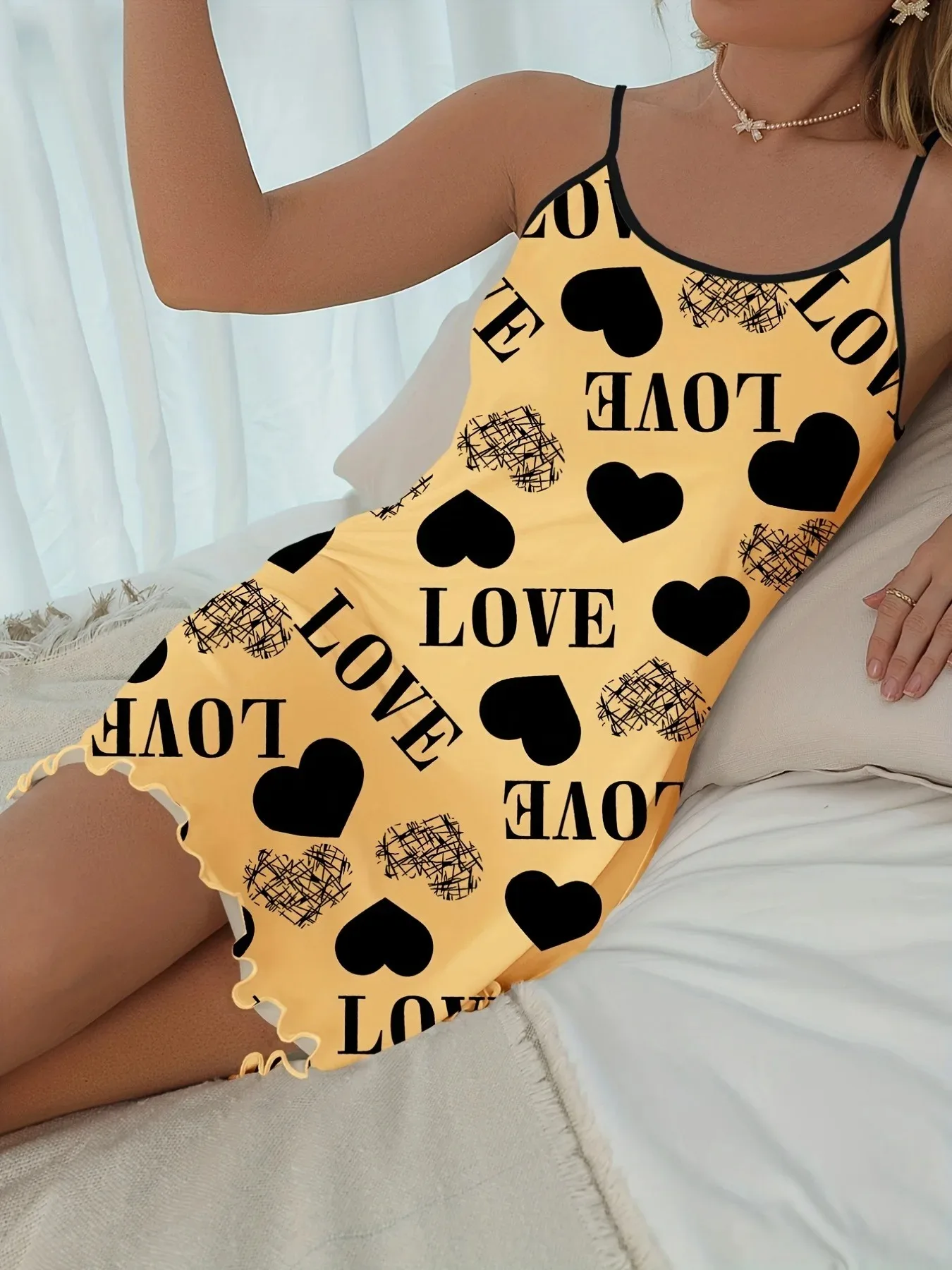 Women Nightgowns Women Nightdresses Sleeping Dress 1 Piece Casual & Comfy Heart & Letter Print Nightdress Lettuce Trim Sexy Slip Short Nightdress Women's Sleepwear Dresses