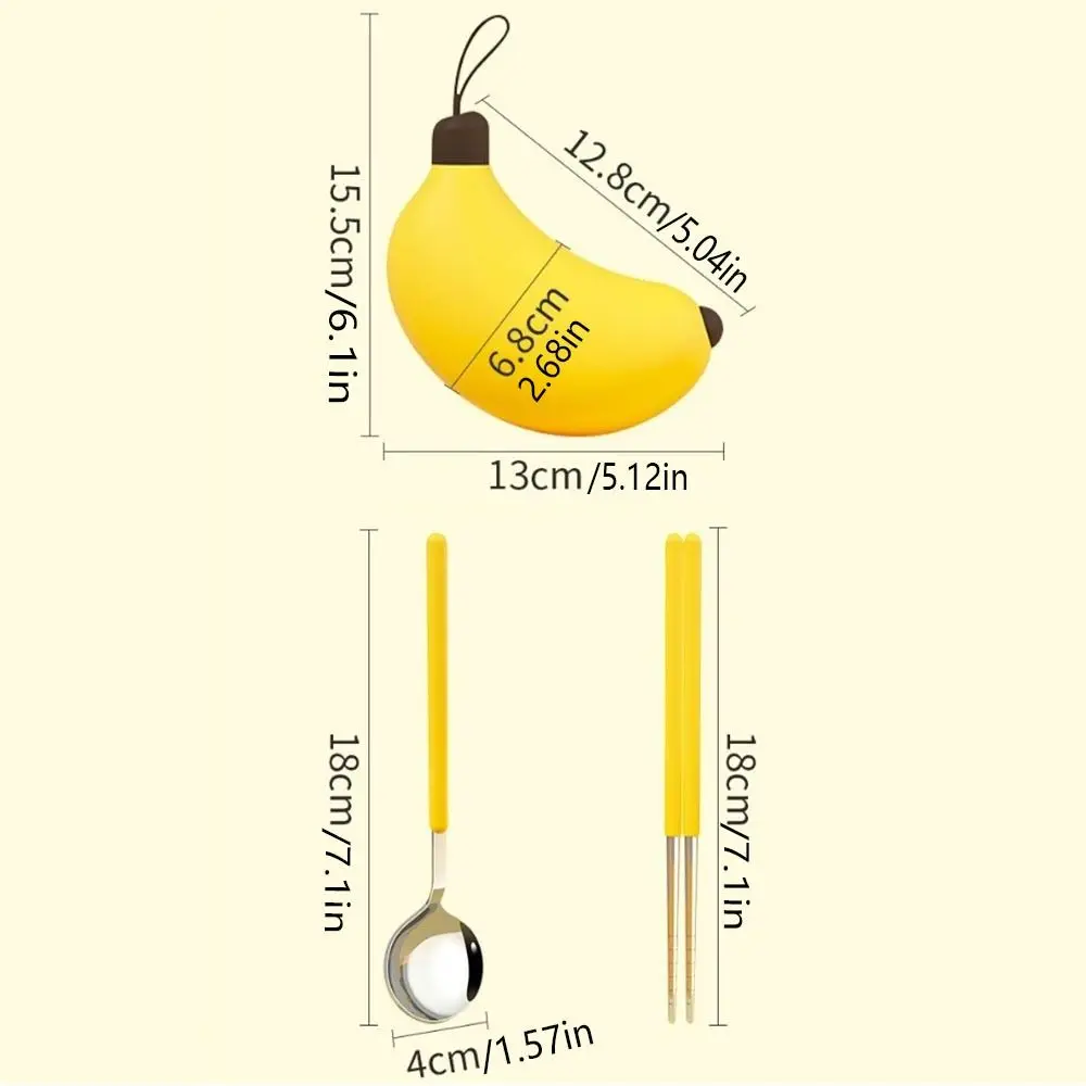 Portable Cartoon Banana Cutlery Set Mini Cute Spoon Chopsticks Set Snap Silent 304 Stainless Steel Travel Flatware Outdoor