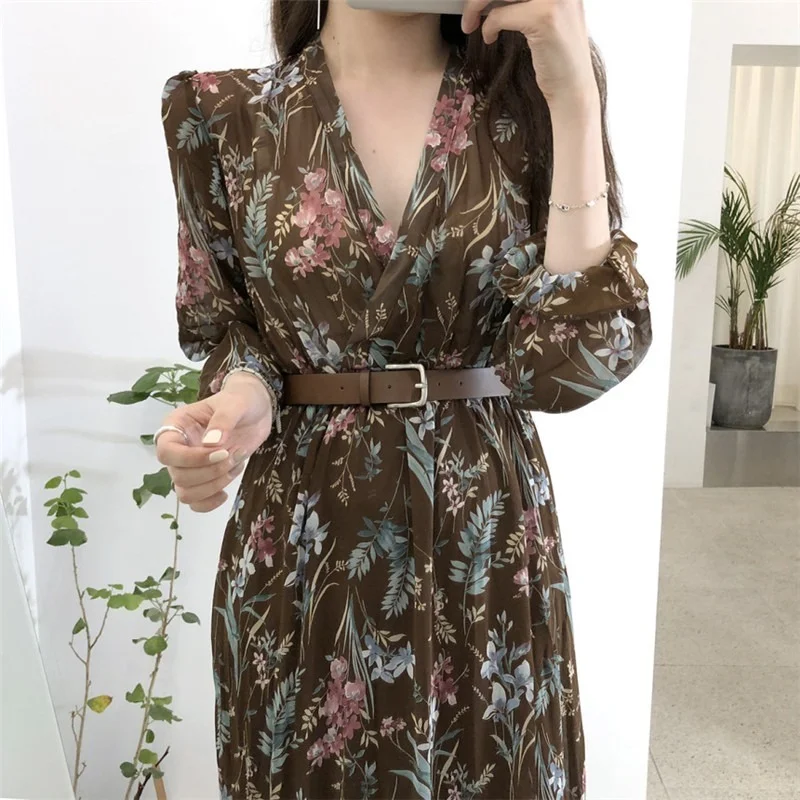 

Retro Chiffon Dress Women 2022 Summer Korean V Neck Belted Elegant Long Dress Flare Sleeves Chic Ruffled Floral Printed Dress