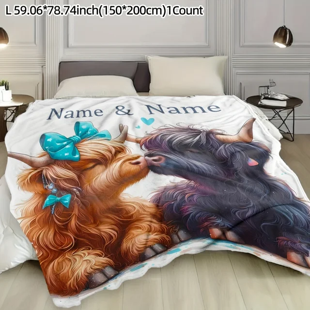 Customized name highland cow blanket personalized text, comfortable flannel blanket suitable for all seasons 5