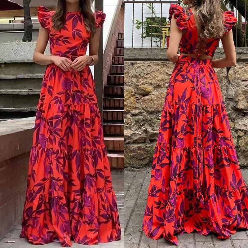 Adibosy Abito Estivo Donna Con Scollo A V E Volant, Vita Alta Morbida, Maniche Lunghe Svasate – Vestito Casuale Rosso Vino Taglia M