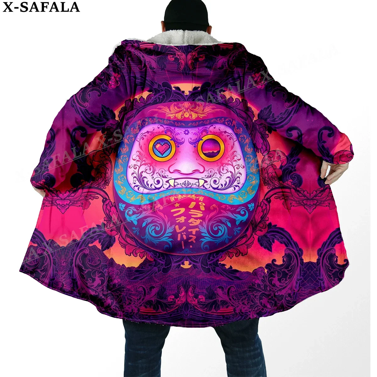 

Daruma Japanese Anime Manga Print Thick Warm Hooded Cloak Men Overcoat Coat Windproof Fleece Cape Robe Hooded Blanket-5