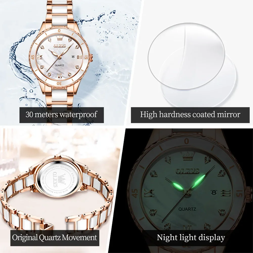 OLEVS Watches for Women Waterproof Ceramic Strap Women's Watch Luxury Diamond Inlay Luminous Dial Calendar Original Quartz Watch 5