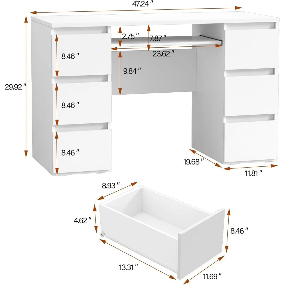 Computer Desk with 6 Drawers, 47 Inch Writing Wood Desk with Drawers PC Laptop Vanity Makeup Desk, Work Study Table Desk White 5