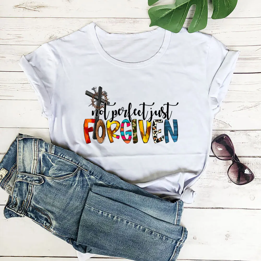 

Not Perfect Just Forgiven Christian Shirt 100%Cotton Women Tshirt Funny Summer Casual Short Sleeve Top Faith Tee Gift for Her