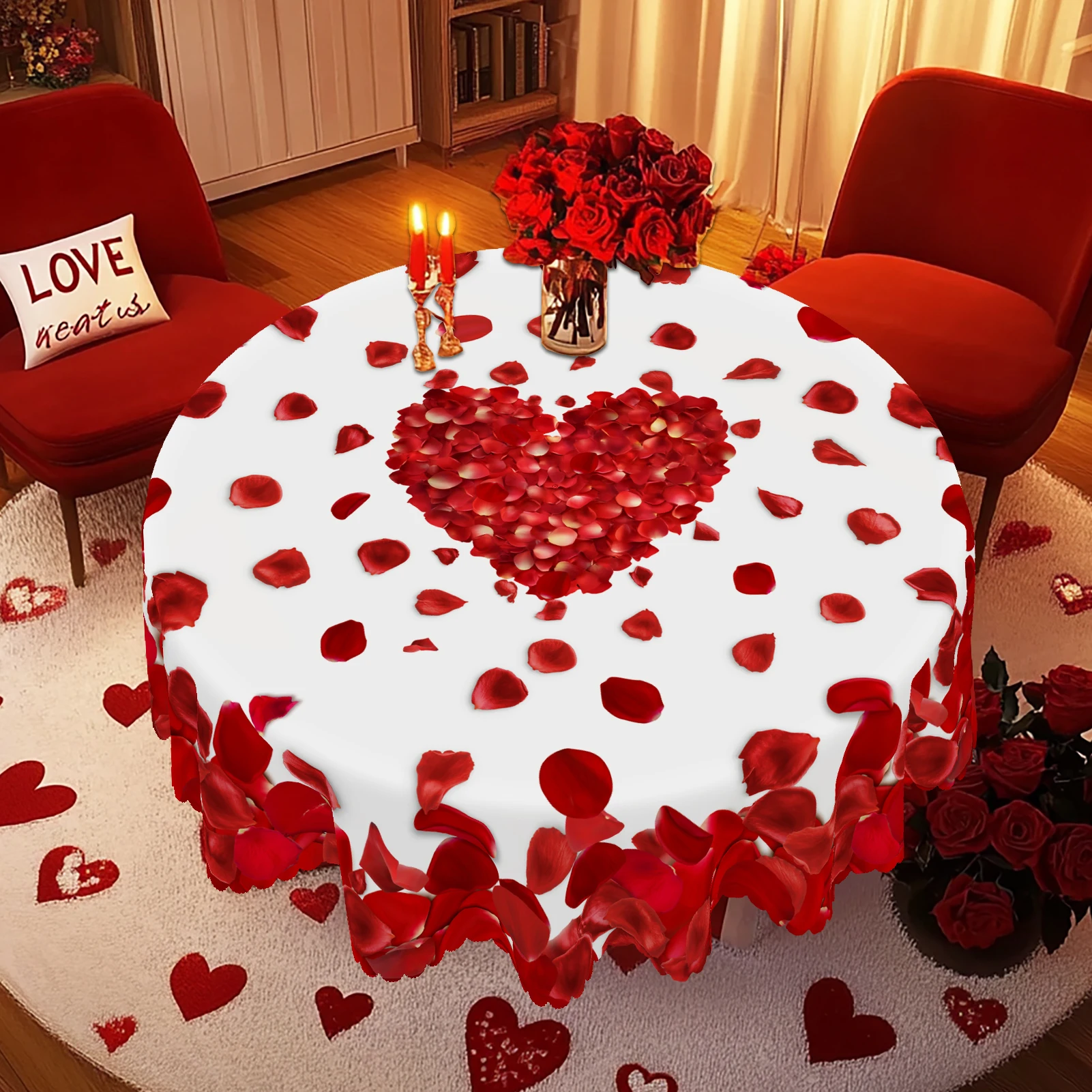 1 מפת שולחן עגול ולנטיין, מפת שולחן למטבח הביתי היומי, מרפסת, קישוט יום ולנטיין, קישוט יום האם