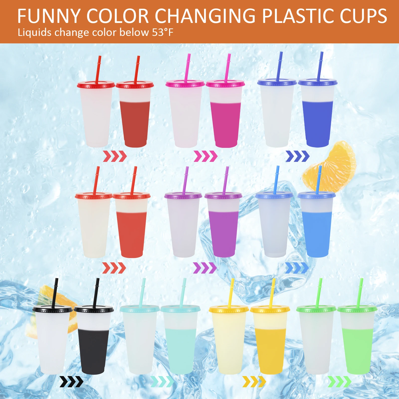 Chainplus Color Changing Cups with Straws & Lids: 7 Pack 12oz Kids Cute  Plastic Bulk Straw Cups - Reusable Party Travel Tumbler for Cold Drinking /  Adults Iced Coffee Cups 