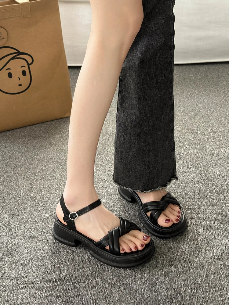 Black Platform Sandals Soft All-Match Med Clogs With Heel Female Shoe Summer Womens Wedges Espadrilles Gladiator Medium Thi women sandals
