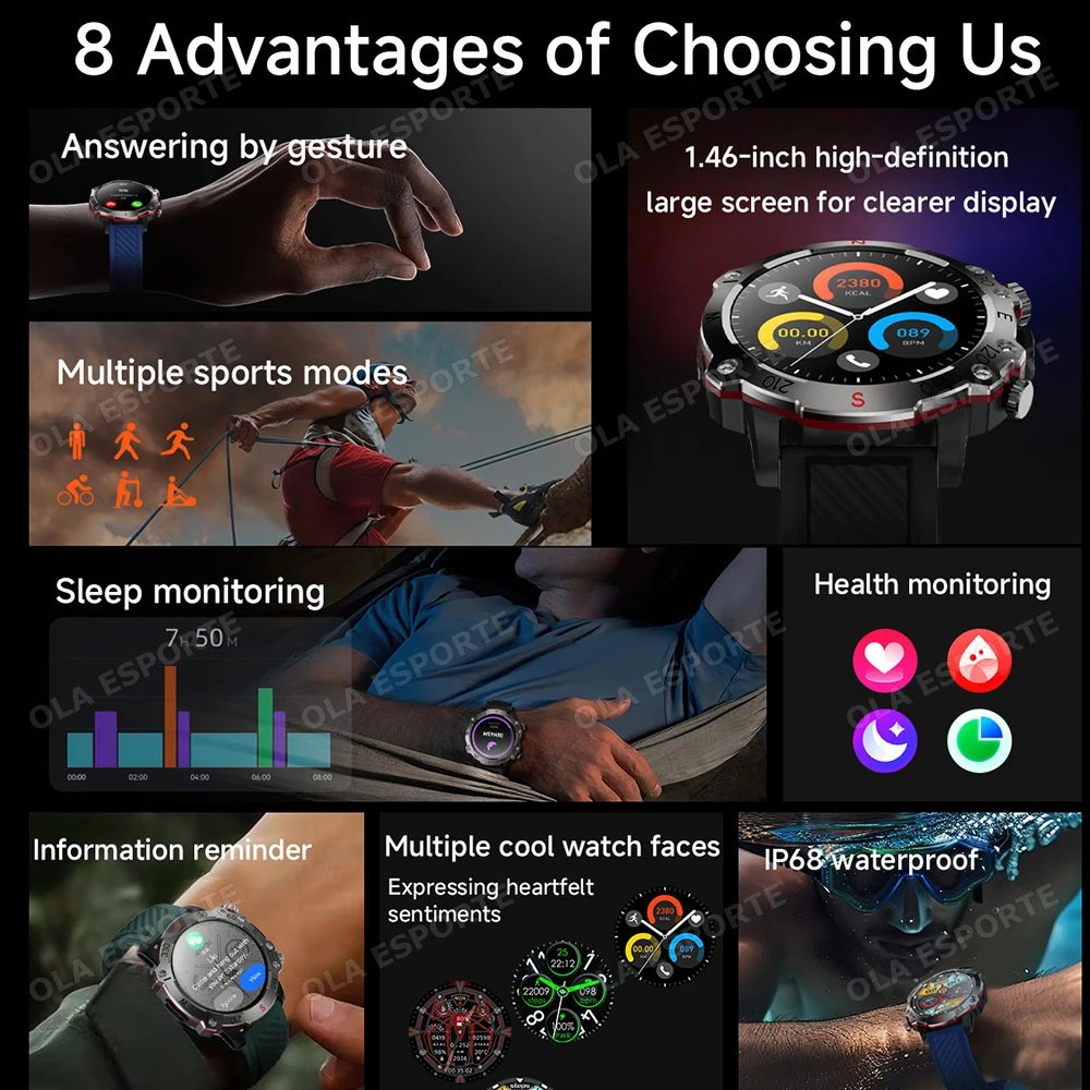 New Outdoor Military Dual Band Gps Military Smart Watch 5atm Waterproof Heart Rate Sleep Monitor Bluetooth Calls Smart Watch Men, Alina Gadgets