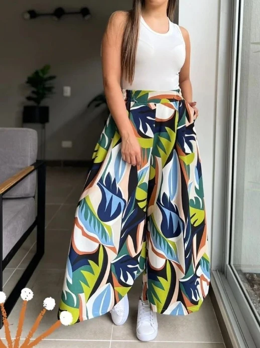 

Women's Spring/Summer Commuter Leisure Sports Fashion Printed Elastic High Waist Wide Leg Pants