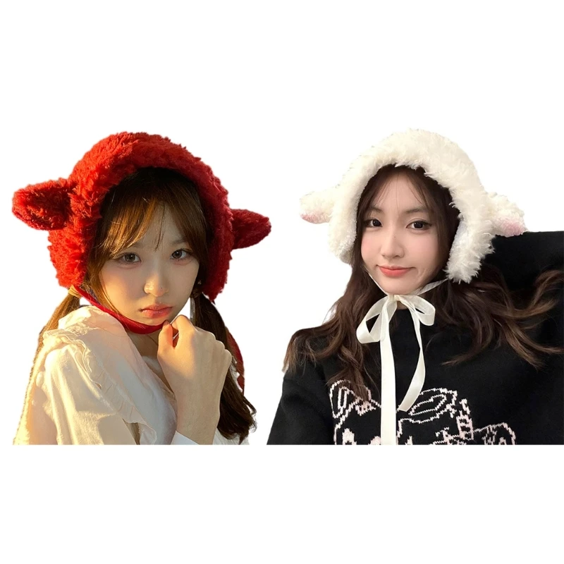 

Adult Teens Plush Lamb Ear Shape Hat Winter Photography Windproof Thicken Beanie