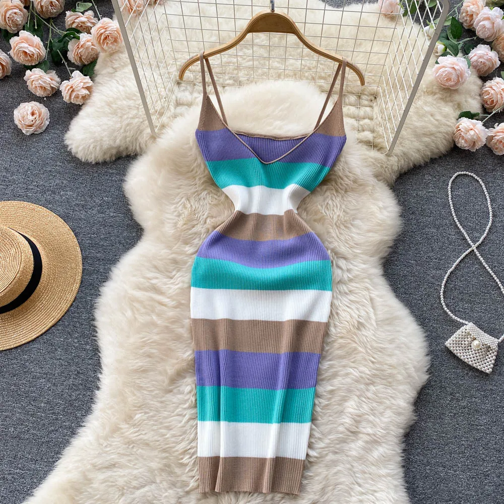 New V-Neck Contrast Strap Women's Bodycon Knit Dress Beach Sexy