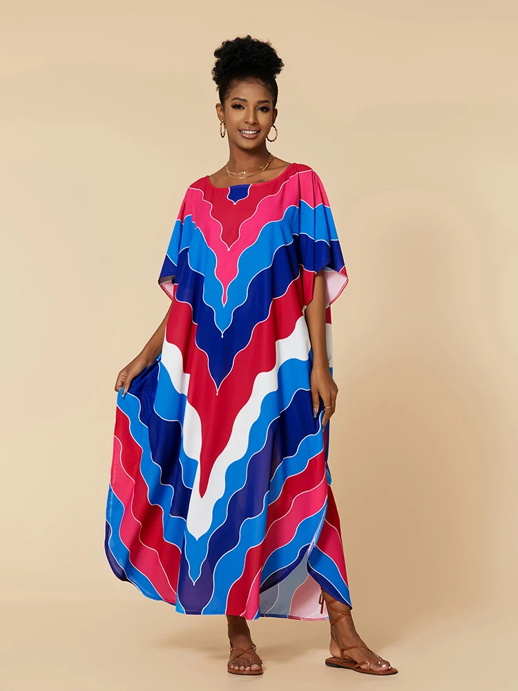 

Beach Cover-up V neck Multi Print Bohemian Kaftan Dress Tunic for Beach Pareos Robe De Plage 2023 Swimsuit Cover Up Beachwaer