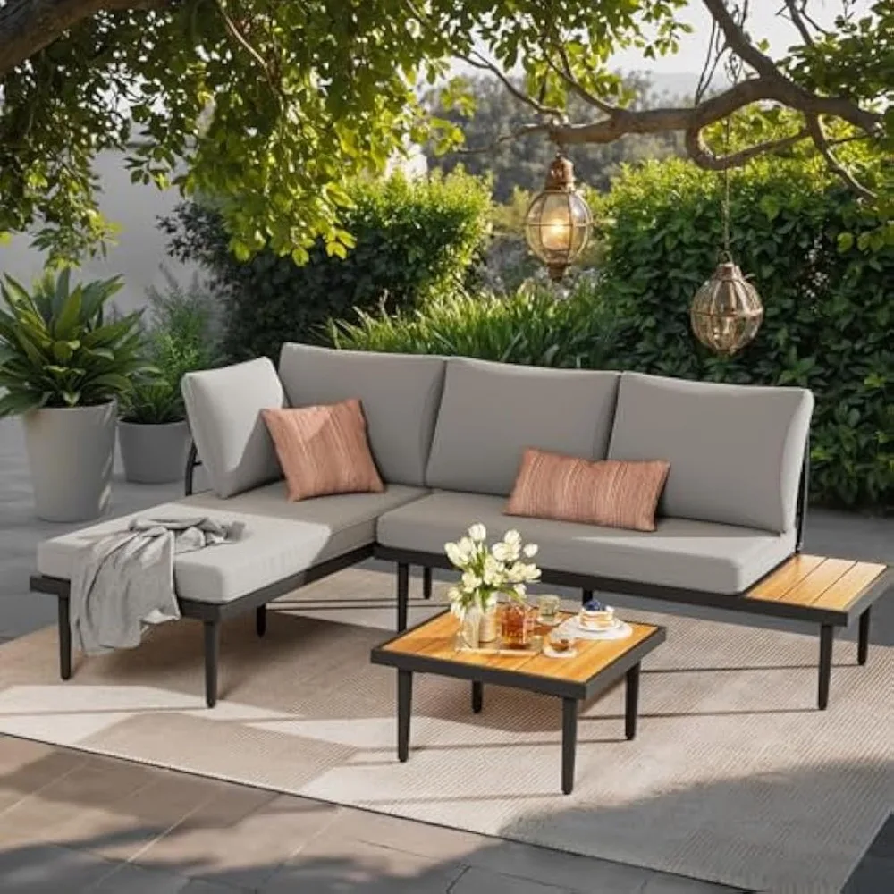 Outdoor Sectional Furniture Patio Sectional Sofa with Acacia Wood Table, Patio L-Shaped Conversation Set with 5