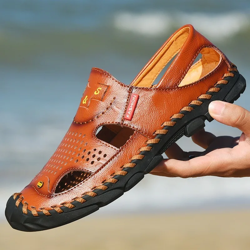 Men Genuine Leather Shoes Men's Sandals Durable Handmade Stitching Close Toe Non Slip Shoes For Indoor Outdoor Beach