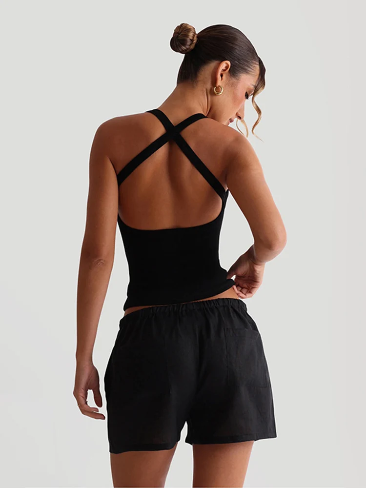 Ribbed Casual Tank Tops Woman Low-Neck Cross Strap Skinny Backless Navel Exposed Hot Girls High Street Style Classic Tops - 6