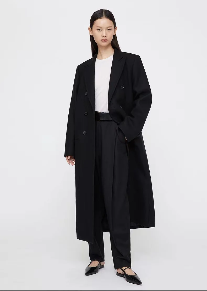 

Totem* Women Winter Wool Long Coat Mid-Calf Turn-Down Collar Full Sleeve Double Breasted Classic Vintage Trench Warm