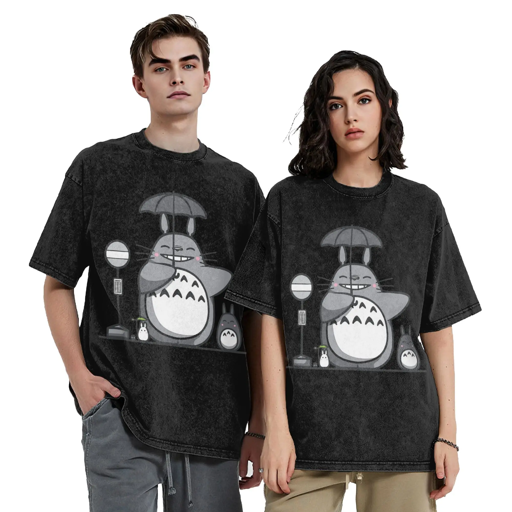 Gewaschene T-Shirts Anime Totoro-Miyazaki Bring The Umbrella T-Shirts Harajuku Streetwear Kurzarm bedruckte T-Shirts für Männer und Frauen