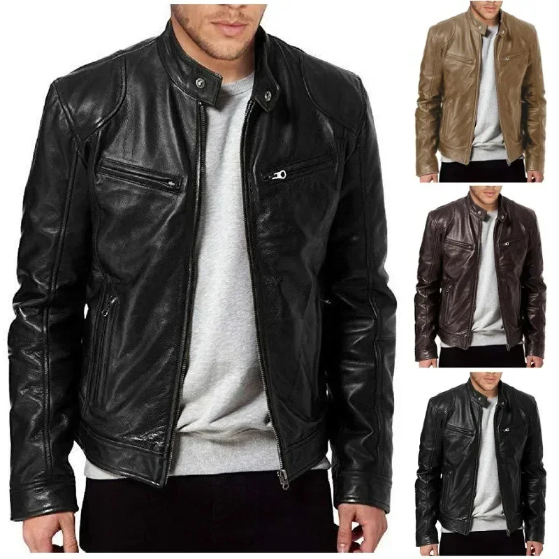 2024 Fashion Mens Leather Jacket Slim Fit Stand Collar PU Jacket Male Anti-wind Motorcycle Lapel Diagonal Zipper Jackets Spring