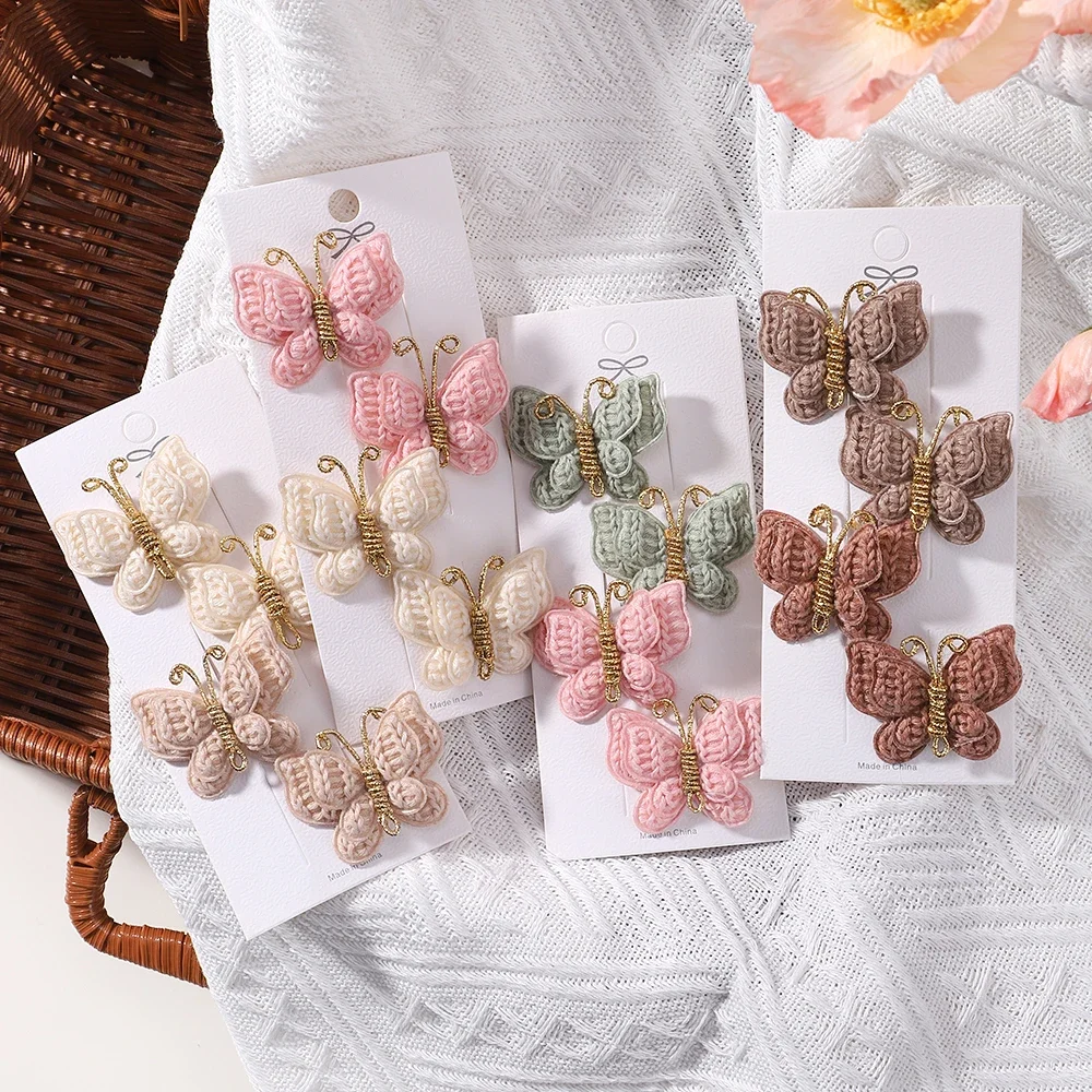 4pcs/set New Cute Baby Girls Wool Knitting Headwear Handmade Crochet Butterfly Alloy Hairs Clips Children Hairpins Wholesale high capacity knitted pencil case student makeup kit for girls yarn knitting storage bag