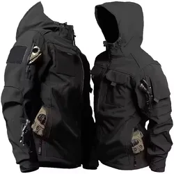 Men's Autumn Winter Tactical Soft Shell Waterproof Windproof Hooded Jacket with Multi - Pockets - XXXL (Black)