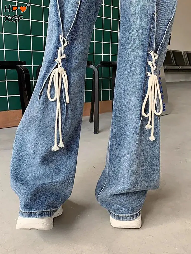 

Streetwear Y2k Drawstring Bow Plus Size S-5xl Jeans Fashion Women Button High Waist Trousers Korean Designer Casual Flared Jeans