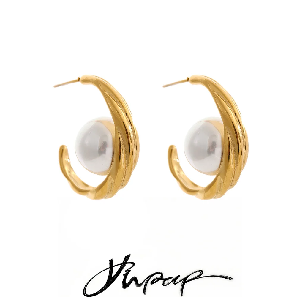 Yhpup 2026 Stainless Steel Imitation Pearls C Shape Huggie Earrings