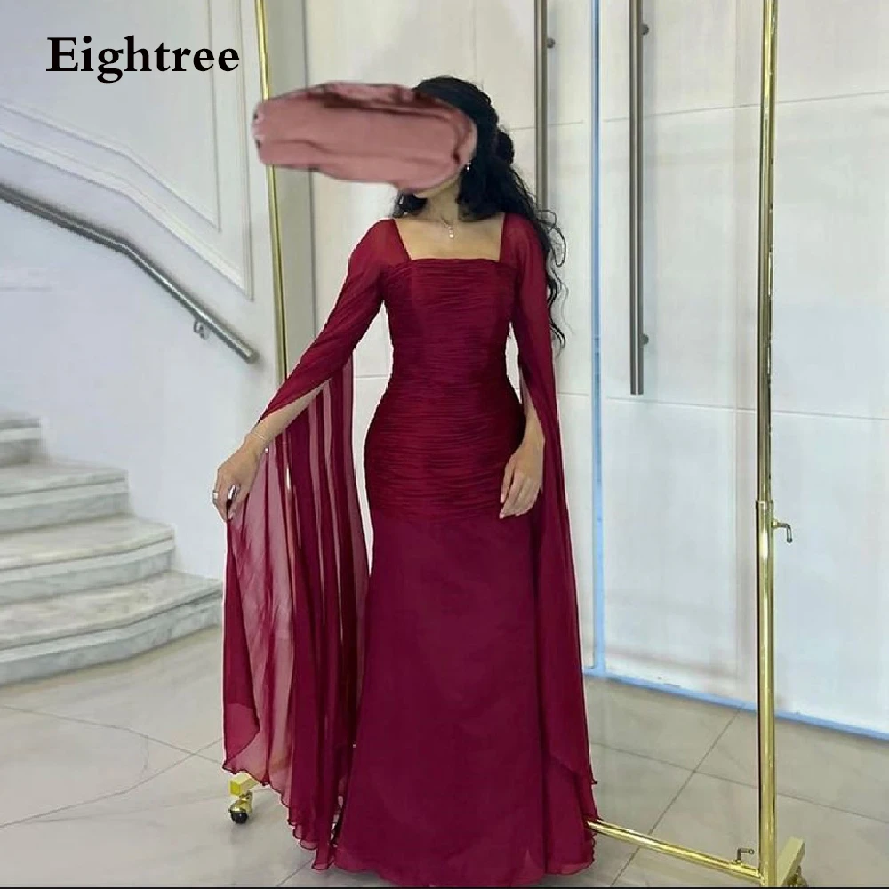 

Eightree Wine Red Long Organza Prom Dresses Strapless Long Sleeves Arabic Dubia Night Evening Gown Formal Party Dress